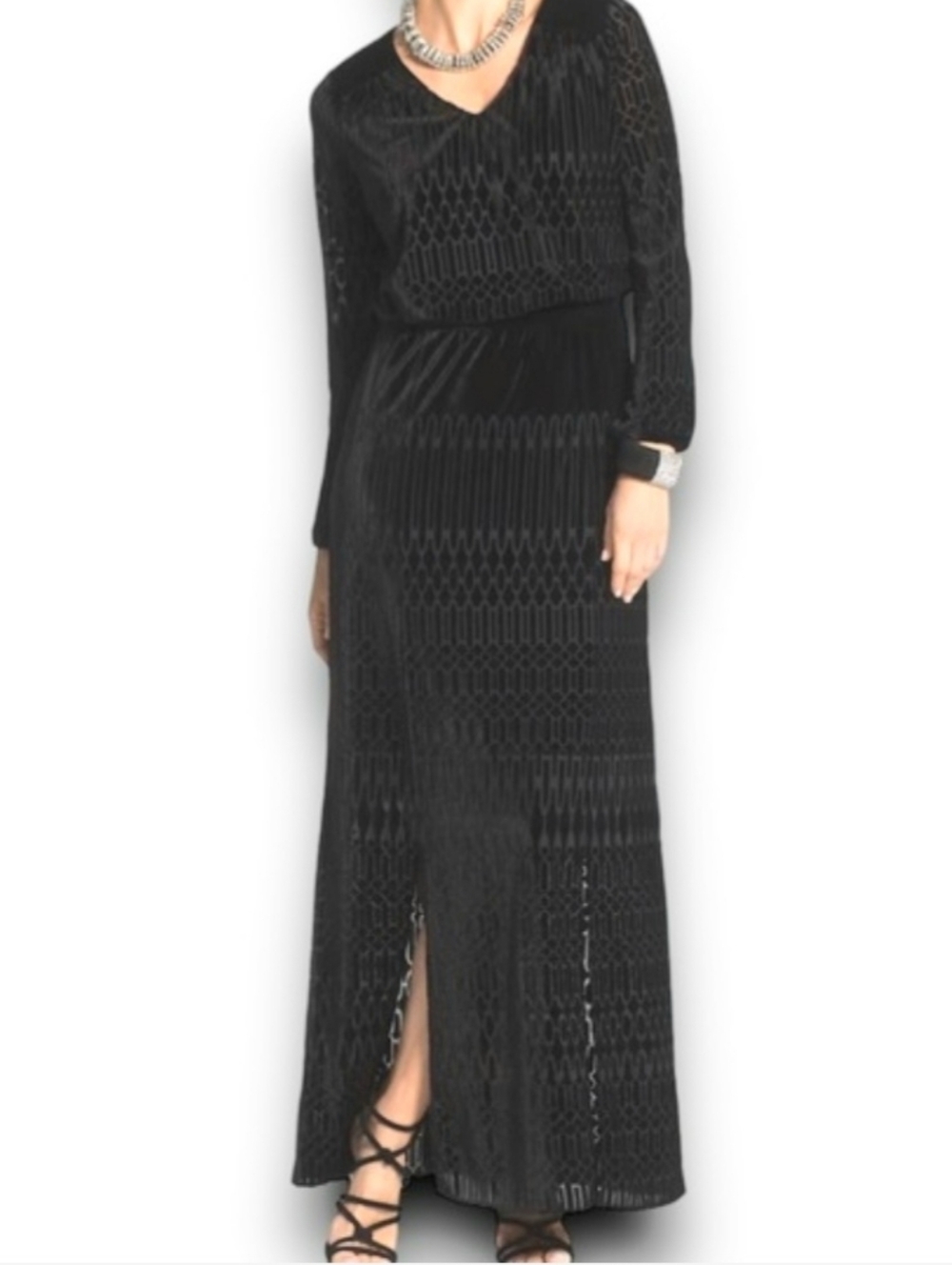Chico's Black Velvet Burnout Maxi Dress Long-Sleeve Front Slit Art Deco Gothic S